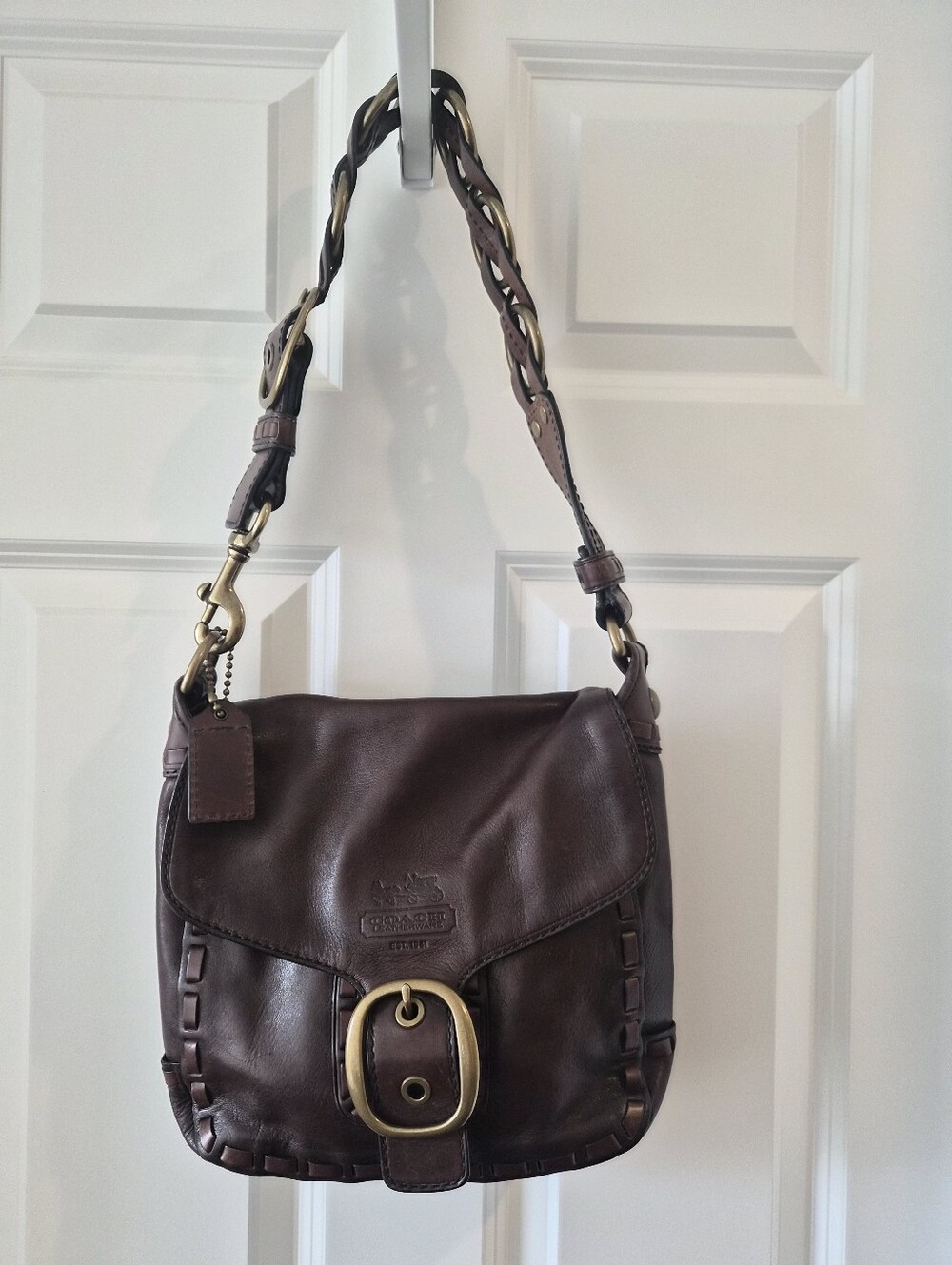[Coach] Bleeker Tattersall Brown Leather Laced Flap Lid Bag, 11446